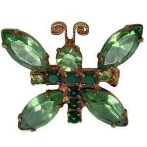 Vintage 1950s Green Rhinestone Butterfly Brooch Gold Tone Pin